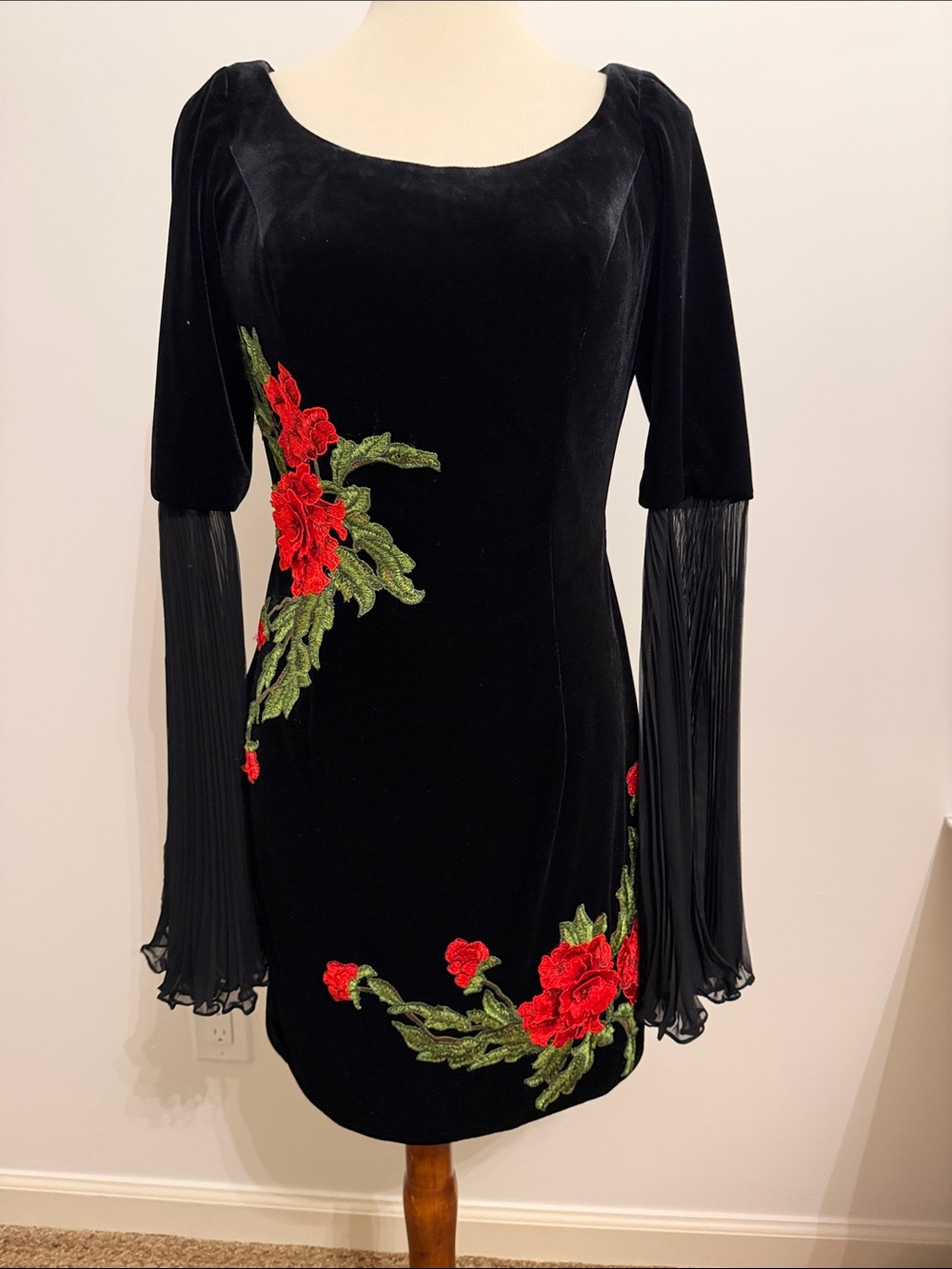 Rachel Allan Black Velvet Dress with Red Floral Embroidery, WOW sleeves.